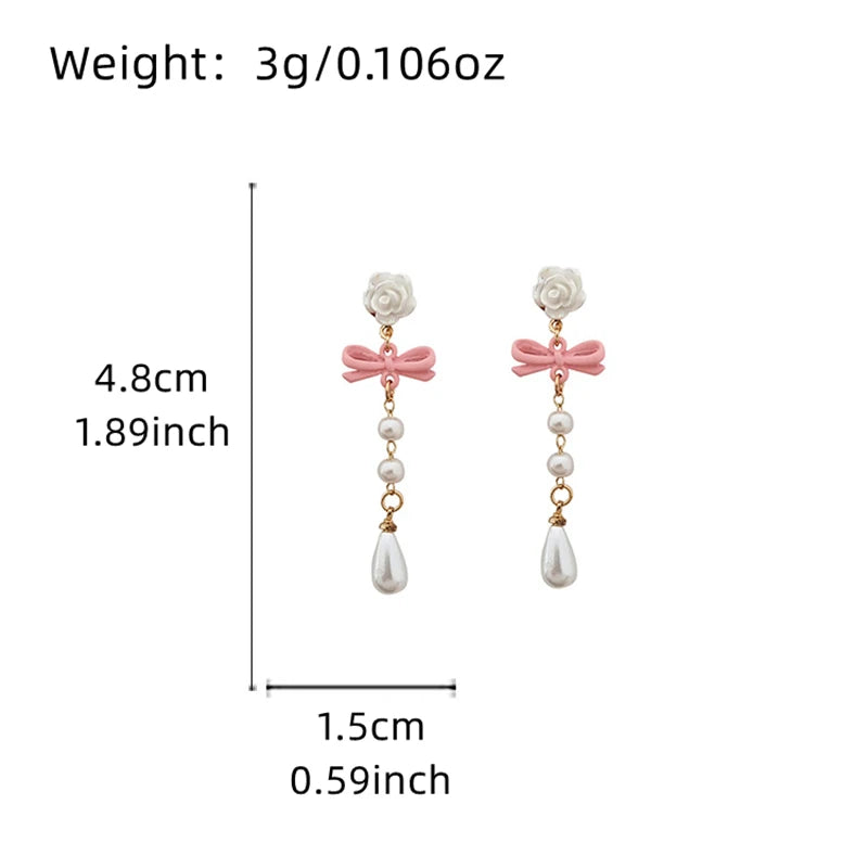 Delicate Sweet Flower Bow Pearl Drop Earrings for Women Elegant Bowknot Long Tassel Earrings Girls Party Wedding Jewelry Gift