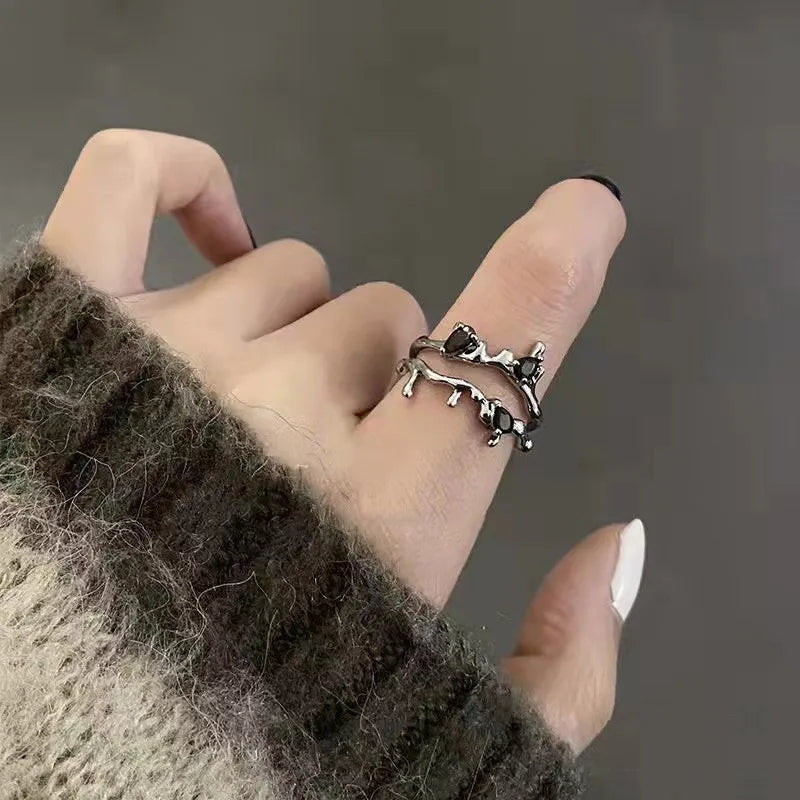 Y2K Black Drip Oil Adjustable Ring Men Irregular Geometry Punk Vintage Rings Set for Women Girls Fashion Jewelry Gifts