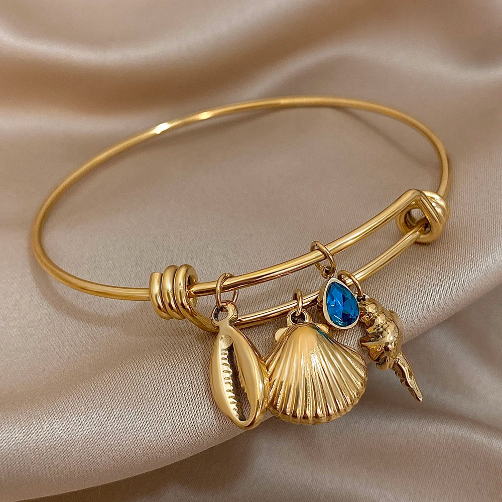 Greatera Gold Color Conch Shell Charm Stainless Steel Adjustable Bracelets Bangles for Women Ocean Animal Bracelet Beach Jewelry