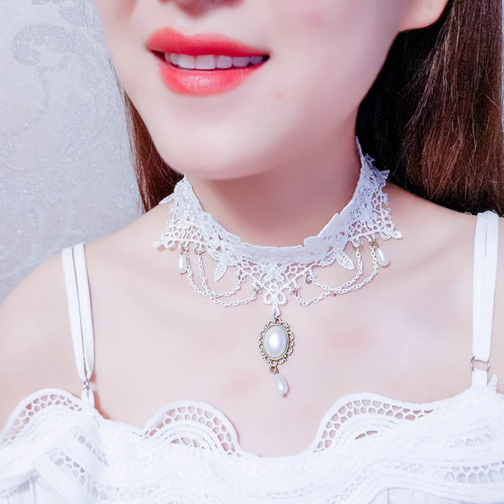Fashion Choker Necklace For Women Sexy Black White Lace Stretch Strip Pendant Short Clavicle Gothic Necklace Aesthetic Jewelry
