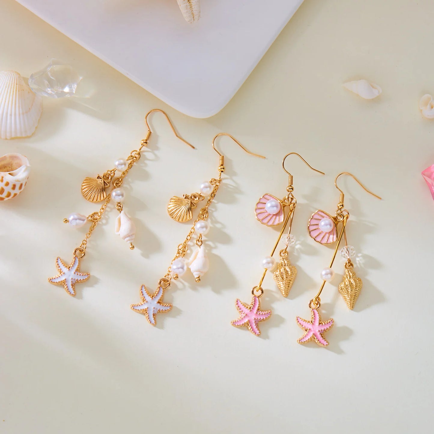 Fashion Ocean Style Shell Starfish Drop Earrings For Women Boho Retro Enamel Seashell Conch Dangle Earrings Beach Party Jewelry