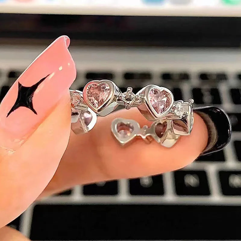 New Y2K Pink Crystal Irregular Heart Rings for Women Fashion Zircon Opening Finger Ring Sweet Girls Kpop Party Jewelry Gifts