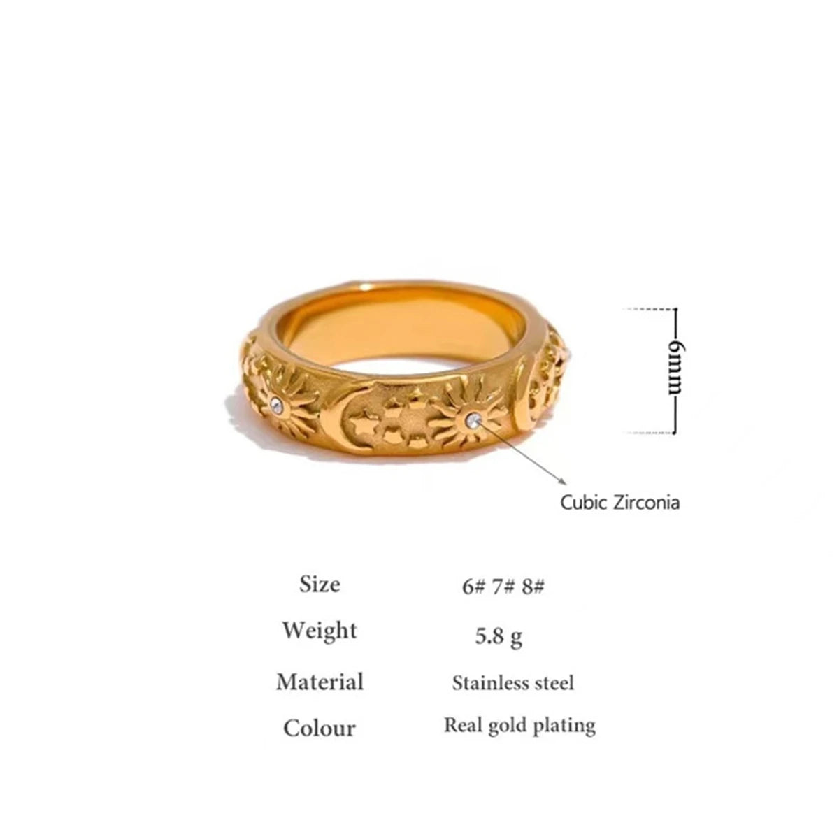 New Vintage 18K Gold Plated Stainless Steel Sun Star Moon Rings for Women Men Fashion Couple Jewelry Gift