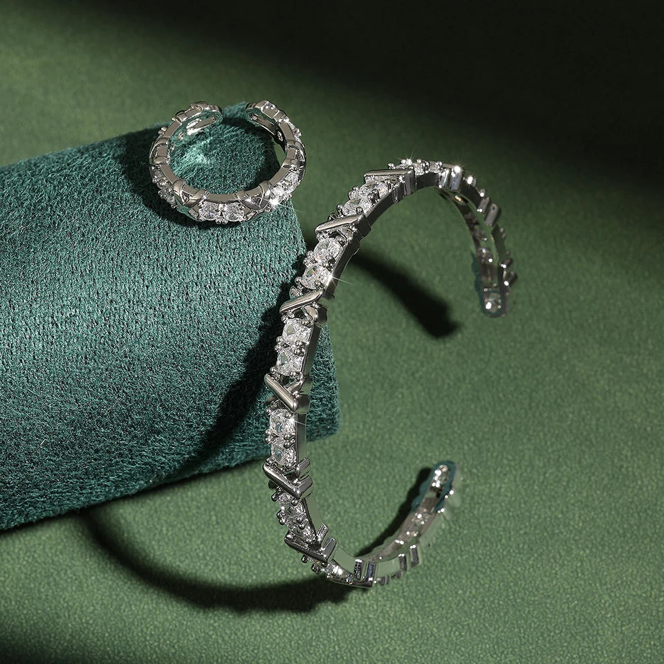 ZAKOL Fashion X Cross Zircon Bracelet Rings for Women Gorgeous Wedding Engagement Party Jewelry Set Factory Wholesale