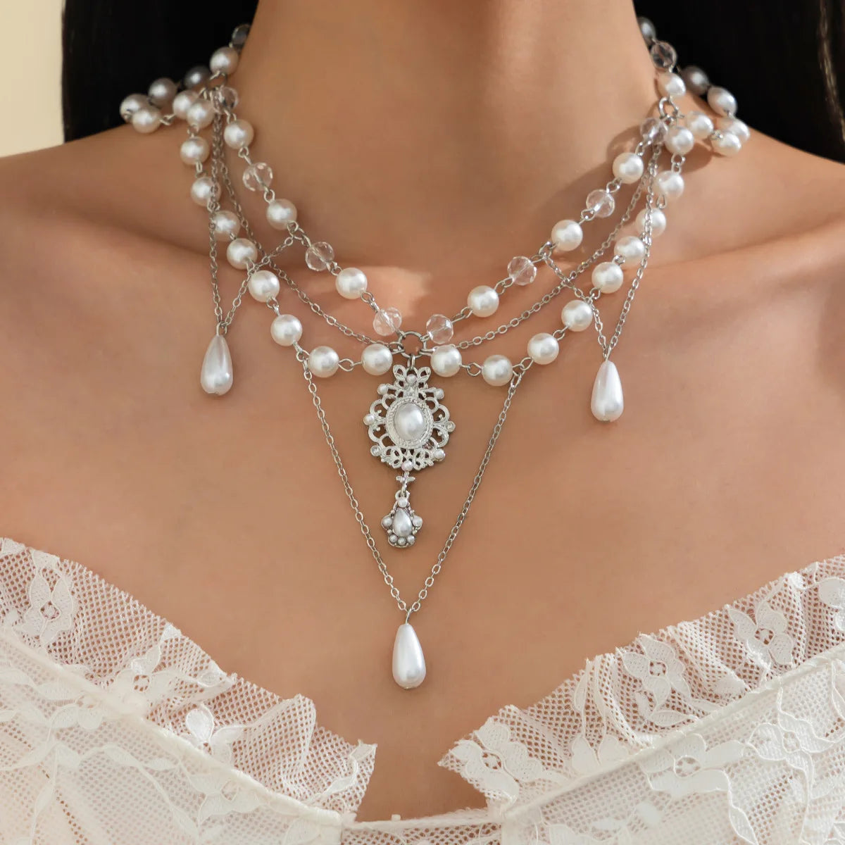 Women's New Necklace Lolita White Lace Necklace, Pearl Tassel Rhinestone Necklace Collar Sweet Cool Fashion Necklaces Girls Gift