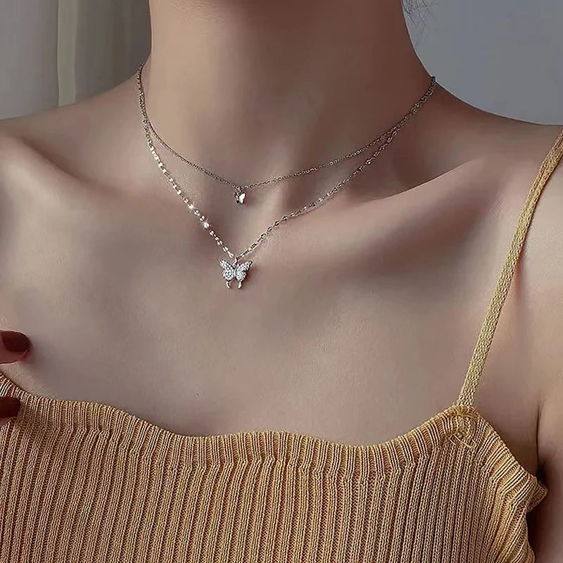 Fashion Shiny Butterfly Necklace Ladies Exquisite Double Layer Clavicle Chain Cool Neck Chain For Women Jewelry Gift