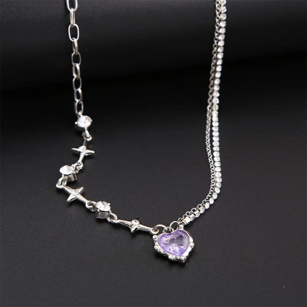 Y2k Heart Star Pendant Necklace Women's Fashion Cool Silver Color Chain Necklace Rhinestone Clavicle Chain Daily Jewlery Gifts