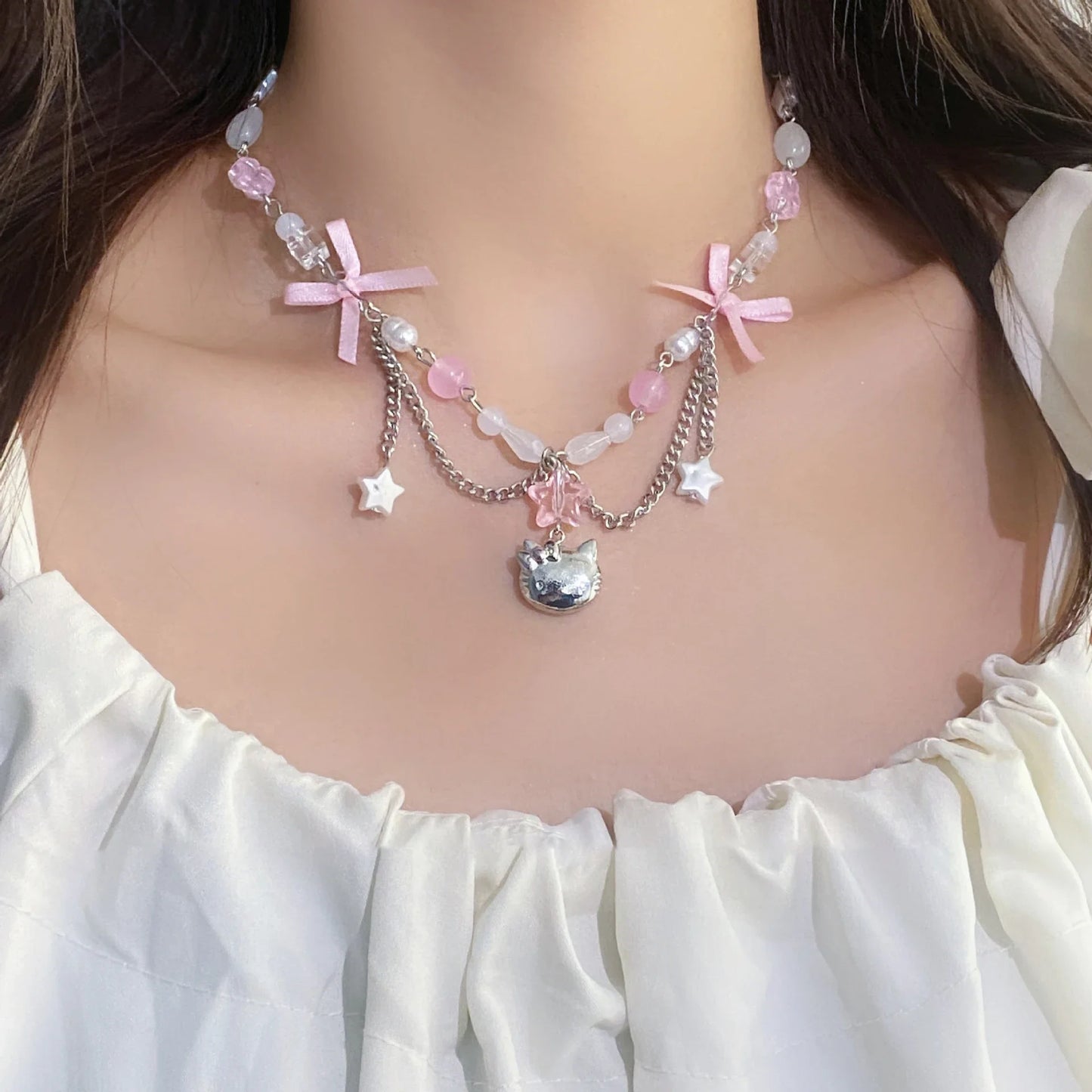 Sanrio Hello Kitty necklace anime kawaii bow bead star popular necklace Y2K women's elegant collarbone chain jewelry gift
