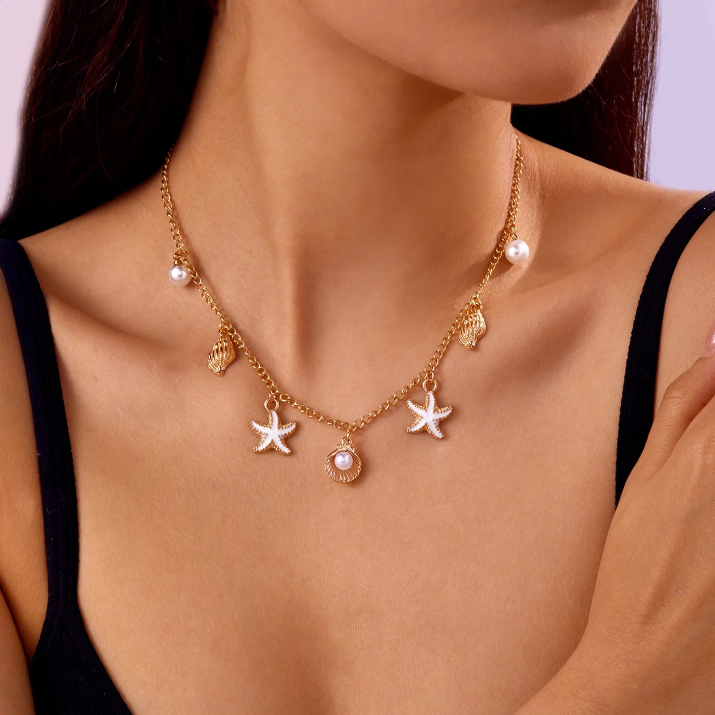 Bohemian Starfish Shell Conch Turtle Pendant Necklace for Women Imitation Pearl Charm Chain Necklace Beach Jewelry Vacation Gift