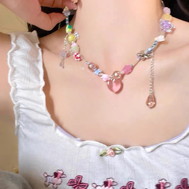 Y2K Candy Necklace Women Girls Sweet Cute Choker Colorful Hand-woven Beaded Short Clavicl Chain