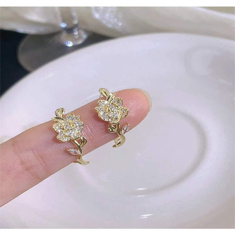 Exquisite Leaves Crystal Flower Stud Earrings For Women AAA Zircon Rose Butterfly Tassel Earring Bride Wedding Party Jewelry