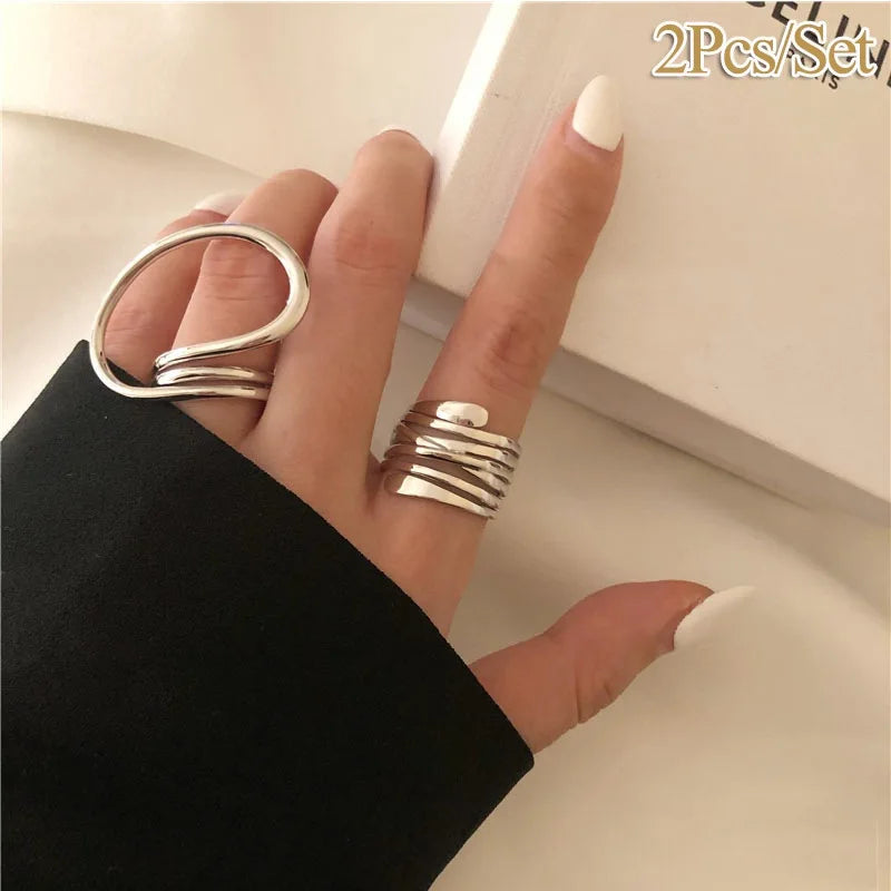 2pcs Women Rings Exaggerated Lines Rings 2024 Fashion Simple Distorted Geometric Party Statement Jewelry Gift