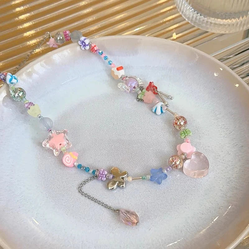 Y2K Candy Necklace Women Girls Sweet Cute Choker Colorful Hand-woven Beaded Short Clavicl Chain