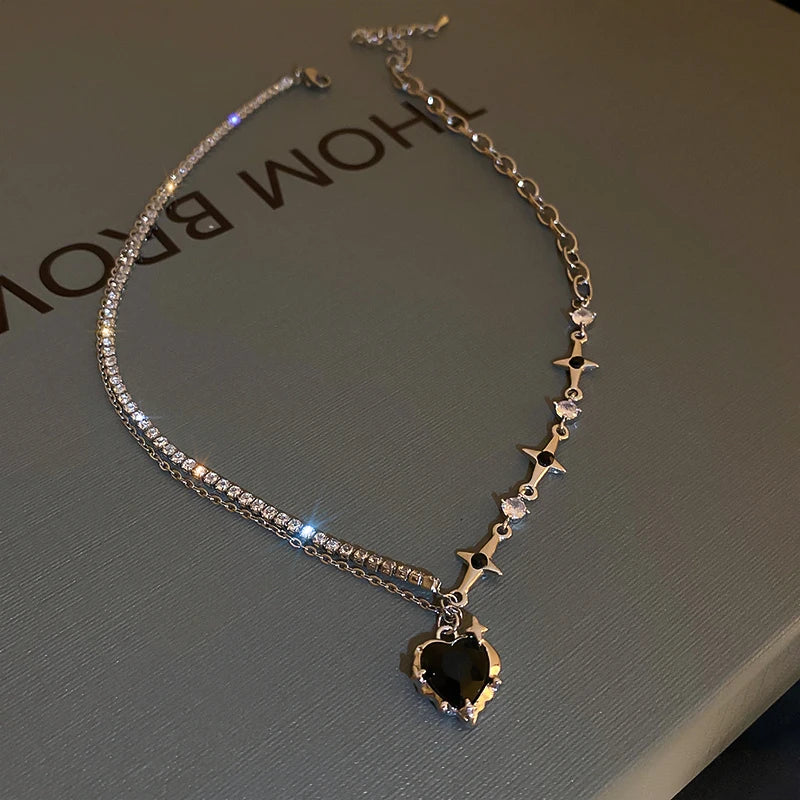 Y2k Heart Star Pendant Necklace Women's Fashion Cool Silver Color Chain Necklace Rhinestone Clavicle Chain Daily Jewlery Gifts