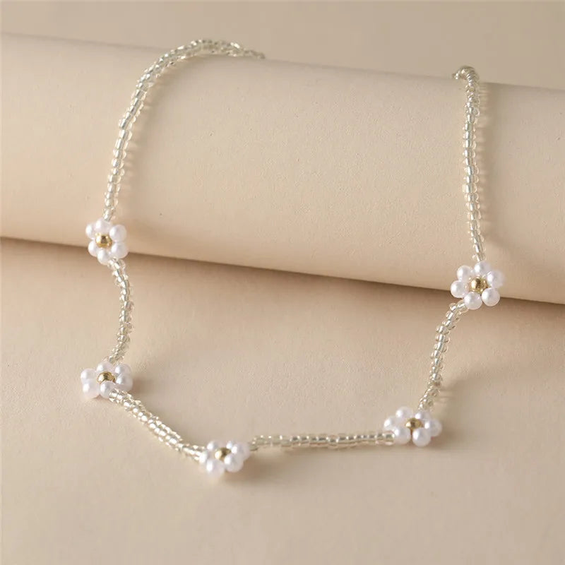 Y2K Flowers Charms Pearl Choker Necklace For Women Boho Colorful Beaded Clavicle Chain Short Necklaces Jewelry Gift 2024
