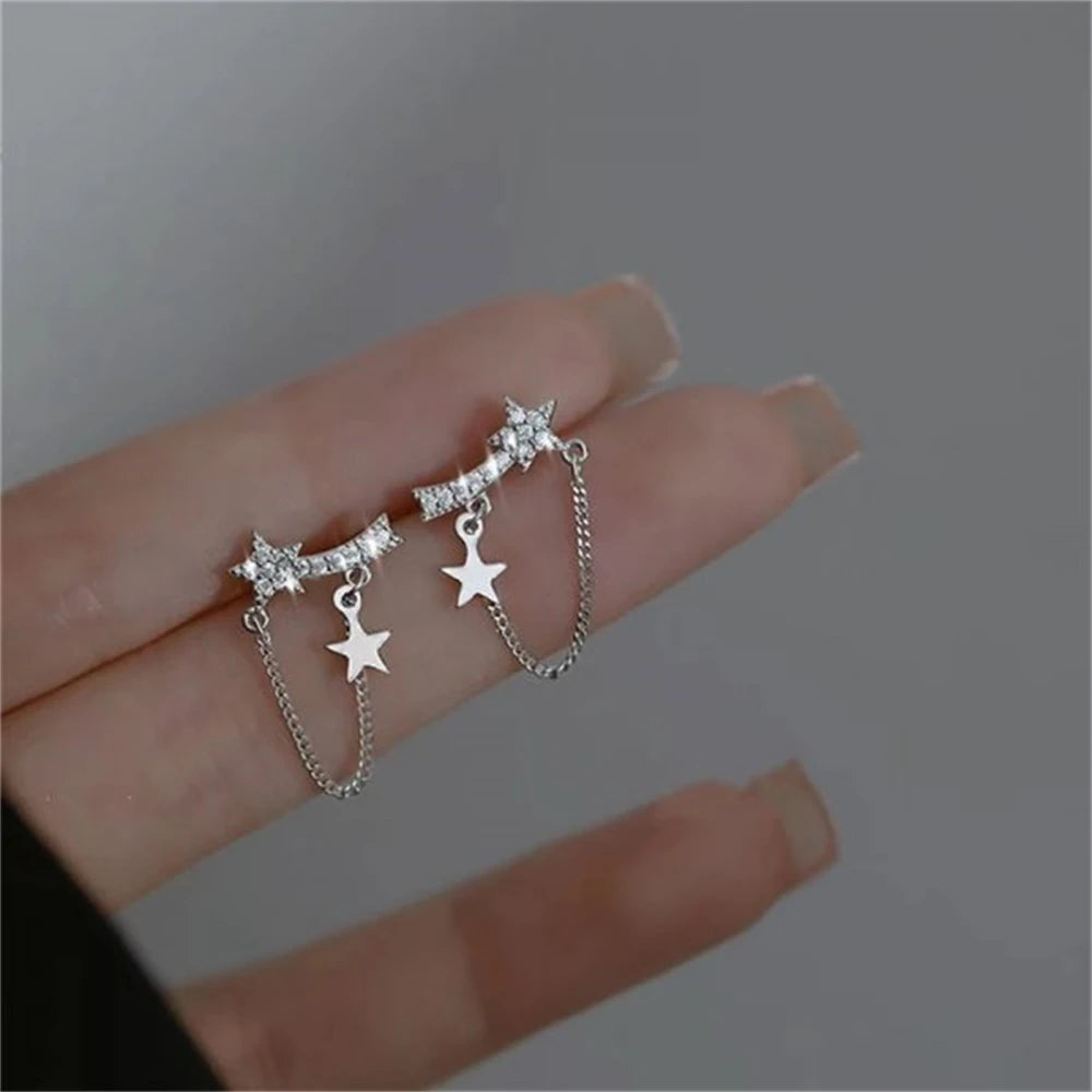 Korean Exquisite Planet Moon Butterfly Tassel Earrings for Women Sparkling Crystal Asymmetrical Drop Earrings Girl Party Jewelry