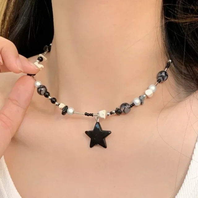 Y2K Black Star Pendant Necklace Women Sweet Cool Neck Jewelry Girls Personalized Lightweight Resin Pentagram Bead Necklace Gift