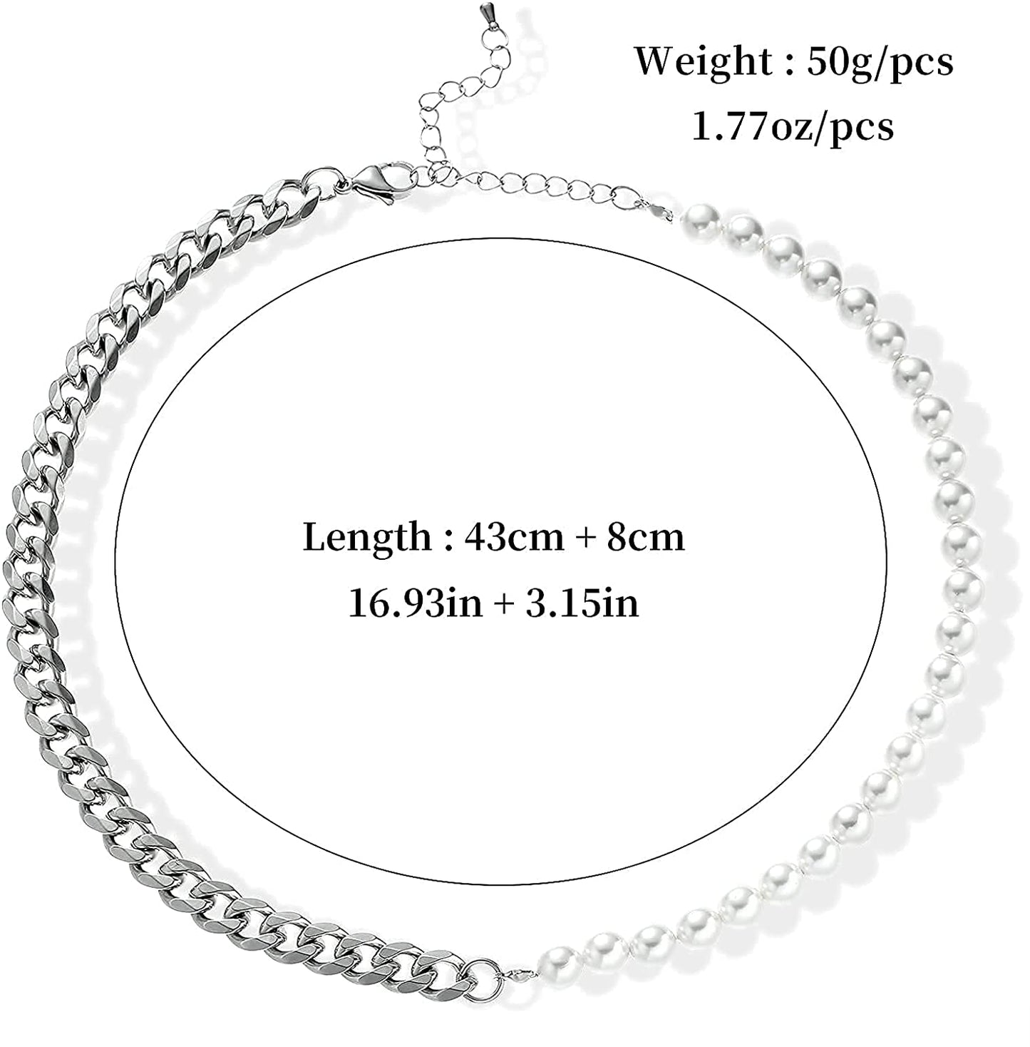 Pearl Necklace for Men-Half Pearl Half Chain Necklaces Cuban Link Chains for Men Stainless Steel Jewelry