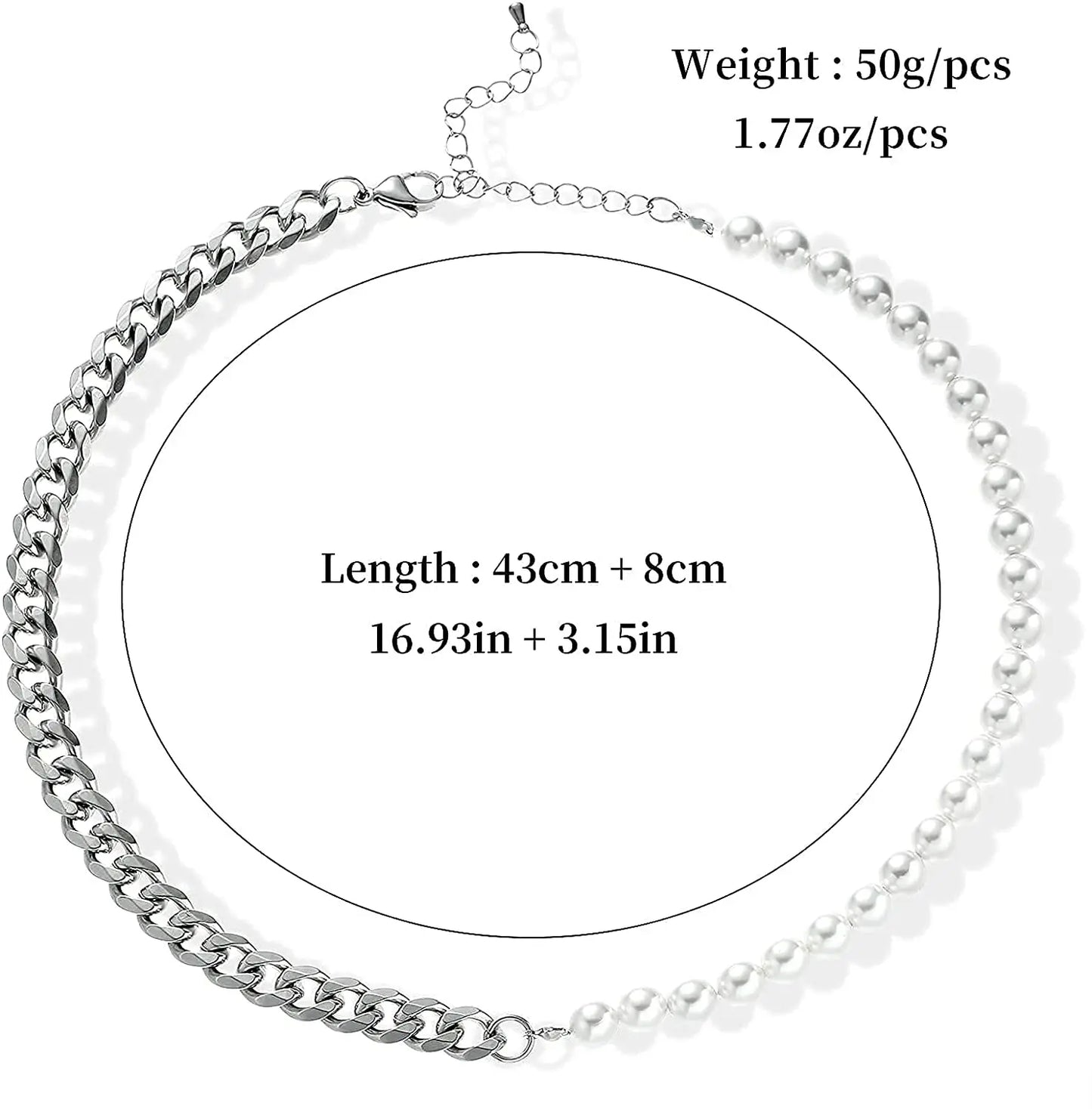 Pearl Necklace for Men-Half Pearl Half Chain Necklaces Cuban Link Chains for Men Stainless Steel Jewelry