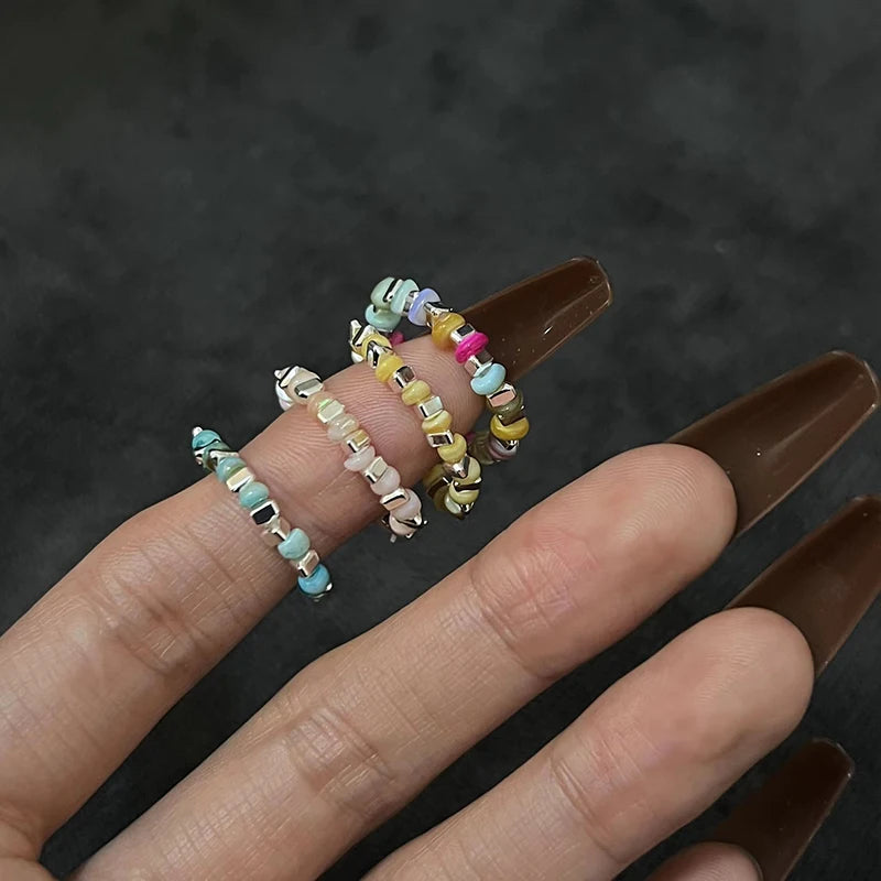 New Colorful Beaded Ring for Women Girls Sweet Personality Irregular Multi Beaded Rice Beads Geometry Metal Rings Jewelry Gifts
