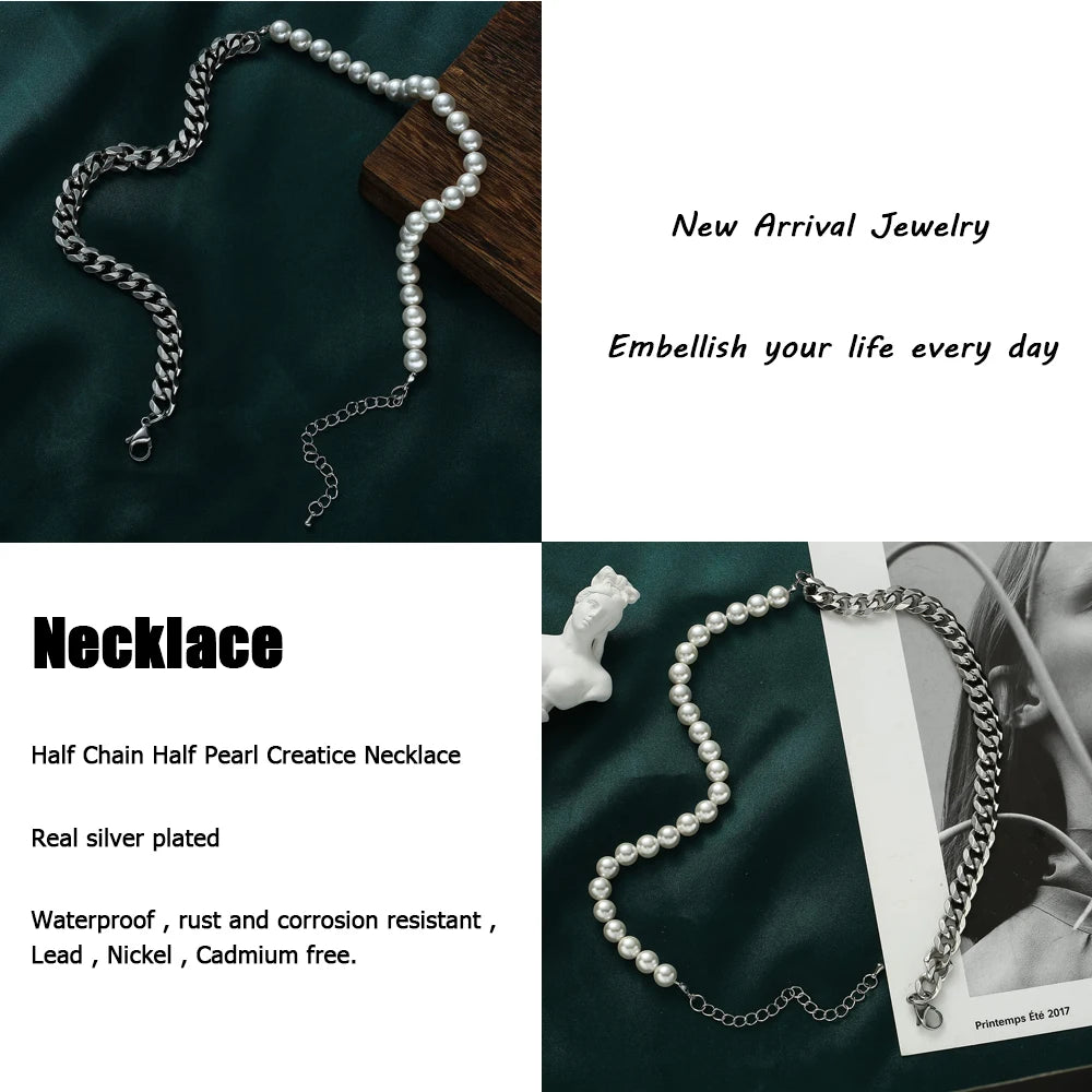 Pearl Necklace for Men-Half Pearl Half Chain Necklaces Cuban Link Chains for Men Stainless Steel Jewelry