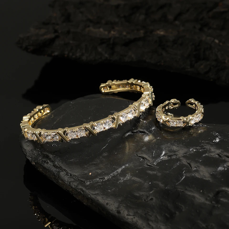 ZAKOL Fashion X Cross Zircon Bracelet Rings for Women Gorgeous Wedding Engagement Party Jewelry Set Factory Wholesale