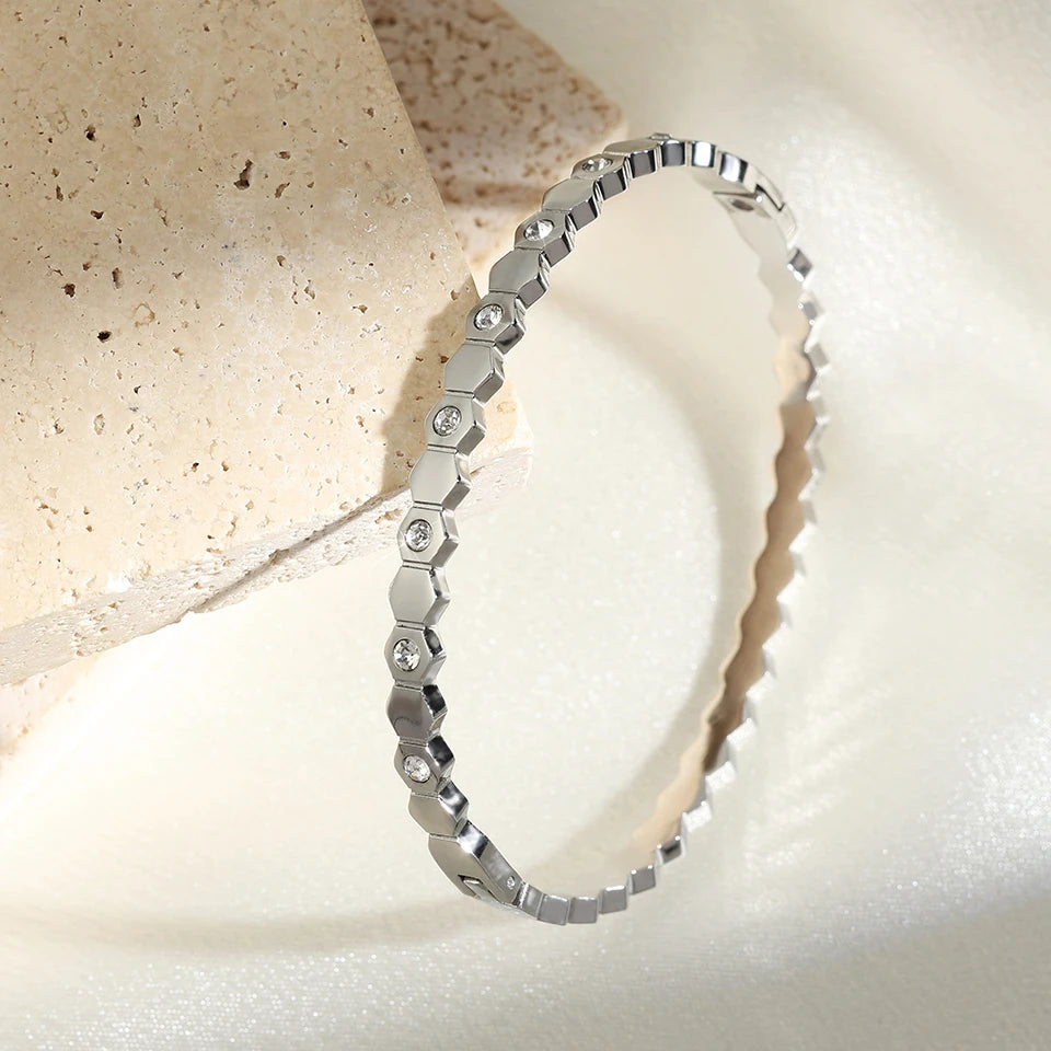 UILZ 316L Stainles Steel Open Hexagon Bracelet For Women High-quality Exquisite Zircon Inlay Simple Not Fading Bracelet Jewelry