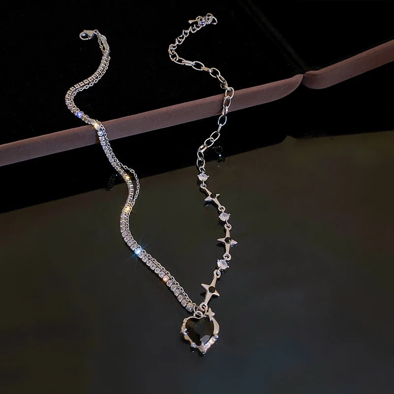 Y2k Heart Star Pendant Necklace Women's Fashion Cool Silver Color Chain Necklace Rhinestone Clavicle Chain Daily Jewlery Gifts