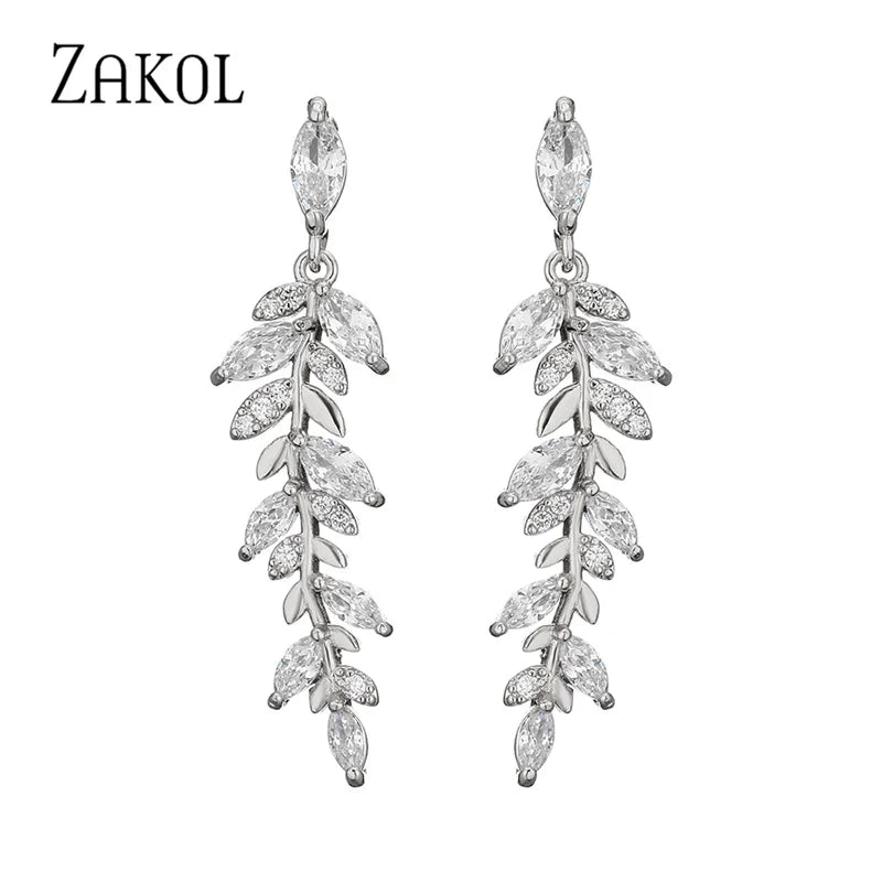 ZAKOL Fashion Leaf Zircon Wedding Earrings for Women White Gold Color Marquise Crystal Bridal Earring Party Jewelry Gift