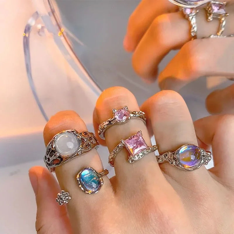 Trendy Y2K Crystal Heart Rings for Women Girls Irregular Adjustable Ring Punk Vintage Rings Set Fashion Party Jewelry Gifts