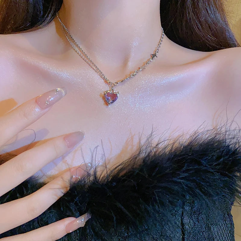 Y2k Heart Star Pendant Necklace Women's Fashion Cool Silver Color Chain Necklace Rhinestone Clavicle Chain Daily Jewlery Gifts