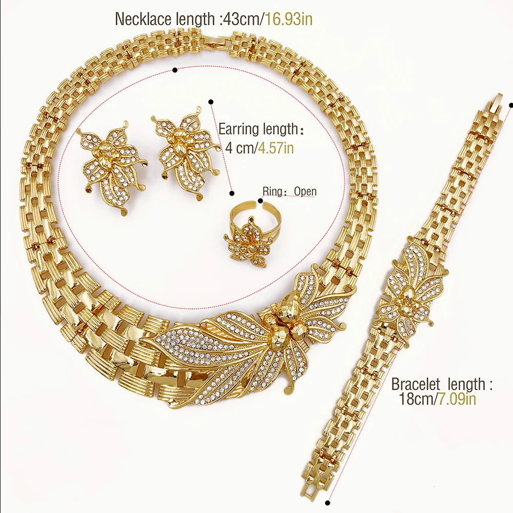 YTJX Wedding Jewelry Set Africal Big Flower Choker Necklace Fine Zircon Bracelet Piercing Earring Ring 18K Gold Plated Jewellery