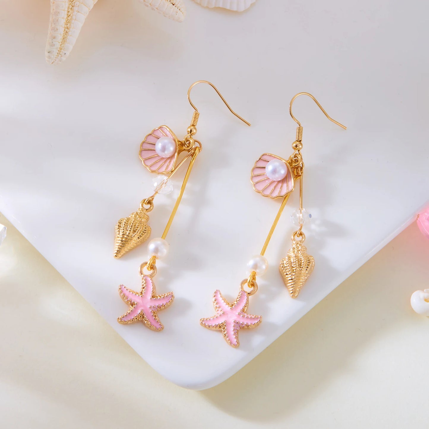Fashion Ocean Style Shell Starfish Drop Earrings For Women Boho Retro Enamel Seashell Conch Dangle Earrings Beach Party Jewelry