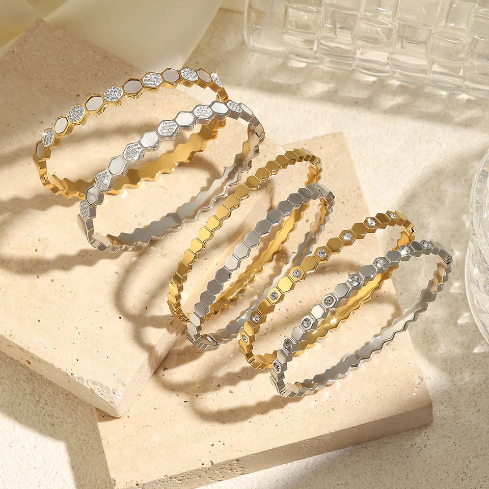 UILZ 316L Stainles Steel Open Hexagon Bracelet For Women High-quality Exquisite Zircon Inlay Simple Not Fading Bracelet Jewelry