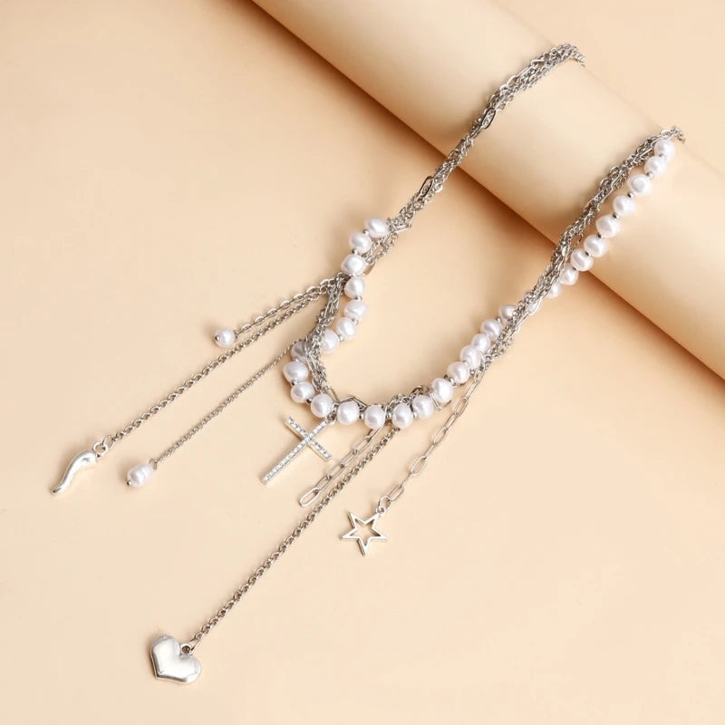 Layered Beaded Necklace with Distinctive Charm Chain Choker Necklaces Fashion Jewelry Gift for Women Girls F3MD