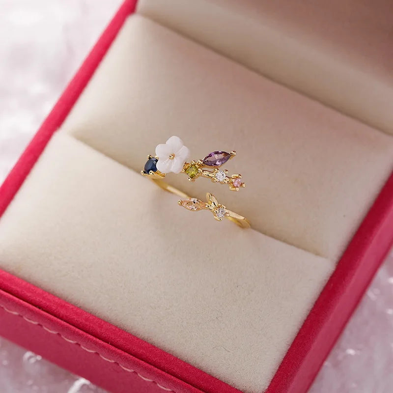 Korean CZ Sweet Crystal Zircon Heart Ring For Women Exquisite Shell Flower Opening Finger Rings Girls Princess Wedding Jewelry