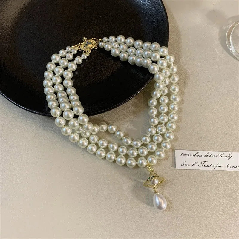 Classic Three Layers Round Pearls Beaded Collar Choker Necklace For Women Girls Irregular Water Drop Pearl Pendant Necklace Gift