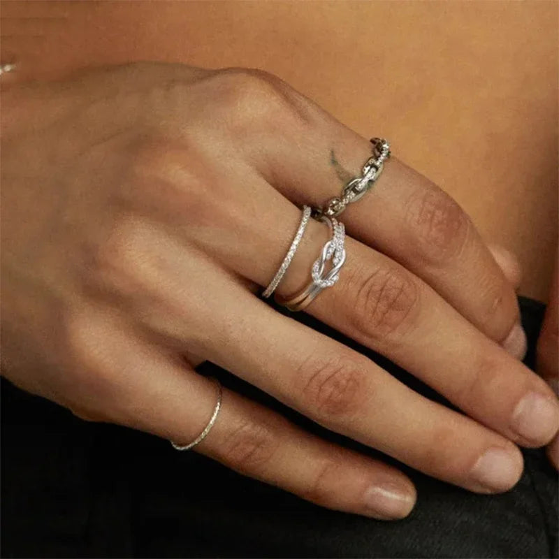 Simple Bilayer Geometric Knot Couple Rings Luxury Shinny Zircon Bride Engagement Wed Jewelry Accessories