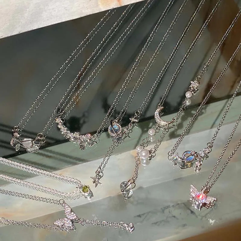 Y2K Shiny Star Necklace for Women Girls Silver Color Crystal Pendant Clavicle Chain Necklace Set Fashion New Trendy Party