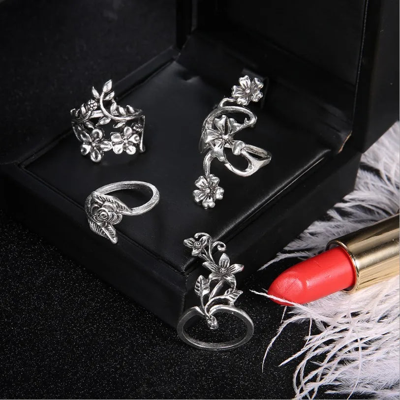 Europe and United States New Popular Women Ring Fashion Personality Ancient Silver Color Mori Vines Leaves Flower Ring 4 Pieces