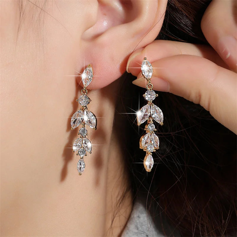 ZAKOL Fashion Leaf Zircon Wedding Earrings for Women White Gold Color Marquise Crystal Bridal Earring Party Jewelry Gift