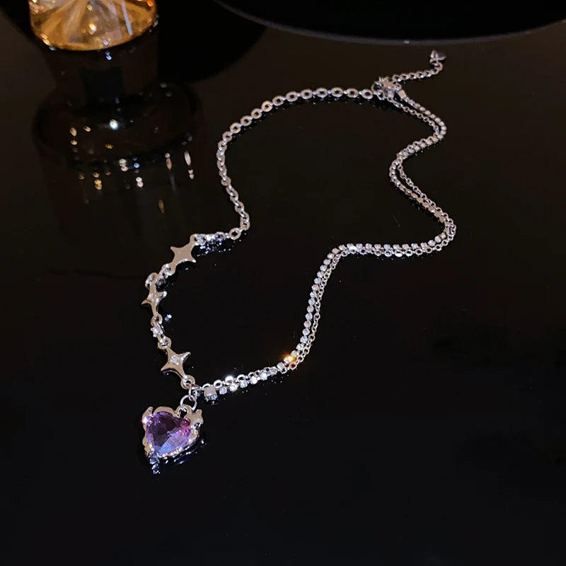 Y2k Heart Star Pendant Necklace Women's Fashion Cool Silver Color Chain Necklace Rhinestone Clavicle Chain Daily Jewlery Gifts