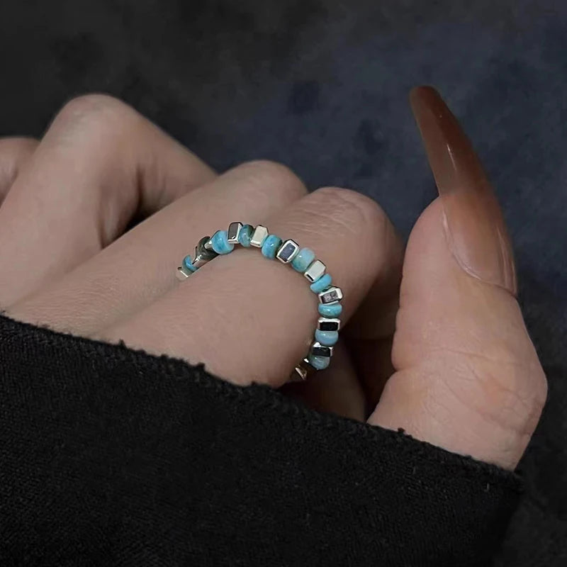 New Colorful Beaded Ring for Women Girls Sweet Personality Irregular Multi Beaded Rice Beads Geometry Metal Rings Jewelry Gifts