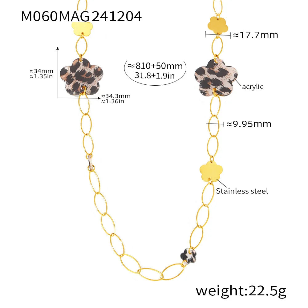 Necklace for Women Leopard Print Stainless Steel Acrylic Pendant Long Chain Sweater Link Gorgeous Charm Jewelry Gift
