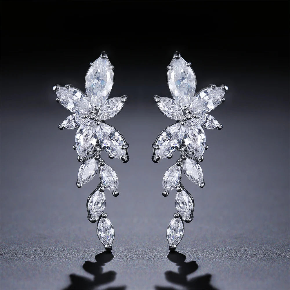 ZAKOL Fashion Leaf Zircon Wedding Earrings for Women White Gold Color Marquise Crystal Bridal Earring Party Jewelry Gift