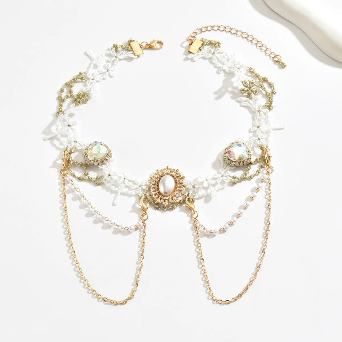 Women's New Necklace Lolita White Lace Necklace, Pearl Tassel Rhinestone Necklace Collar Sweet Cool Fashion Necklaces Girls Gift
