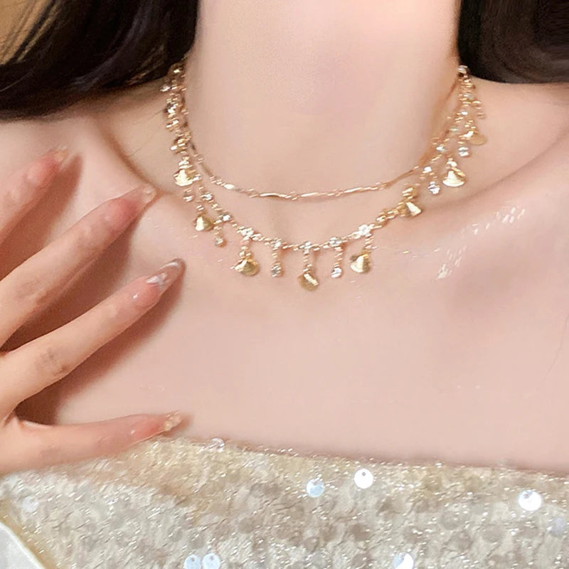 Boho Crystal Shell Pendant Necklace for Women Luxury Exquisite Double-Layer Butterfly Chain Jewelry Accessory Beach Party Gifts