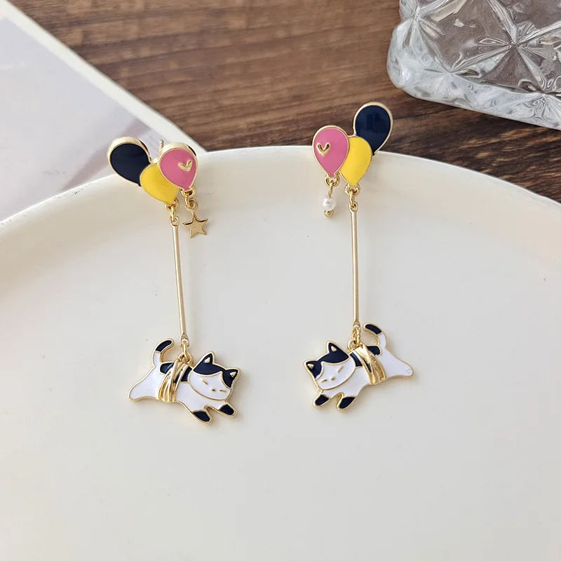 Cute Enamel Cat Balloon Stud Earrings for Women Fashion Drop Rabbit Flower Heart Colorful Jewelry Dangle Wedding Party Girl Gift