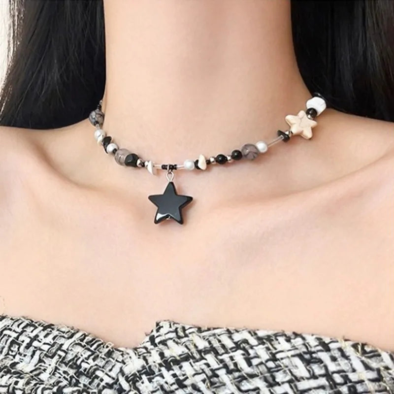 Y2K Black Star Pendant Necklace Women Sweet Cool Neck Jewelry Girls Personalized Lightweight Resin Pentagram Bead Necklace Gift