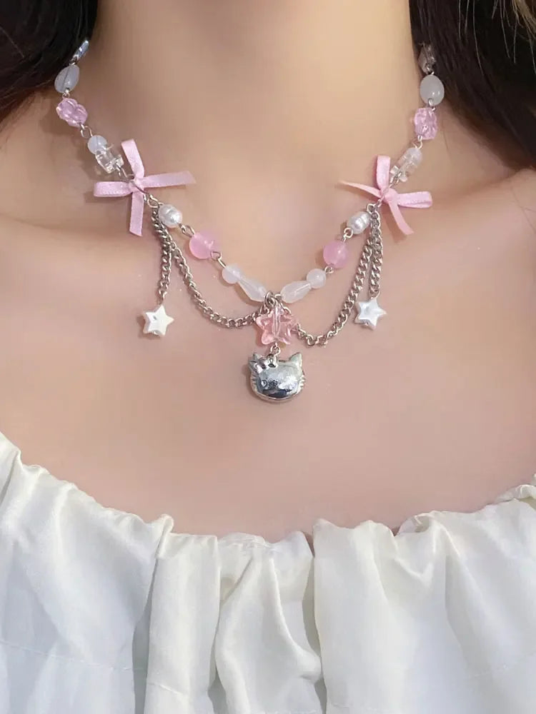 Sanrio Hello Kitty necklace anime kawaii bow bead star popular necklace Y2K women's elegant collarbone chain jewelry gift
